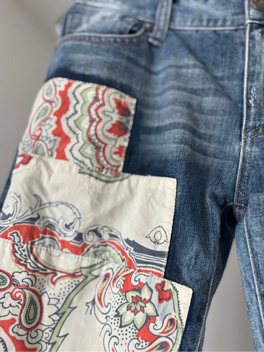 Free People Blue Denim Patchwork Jeans